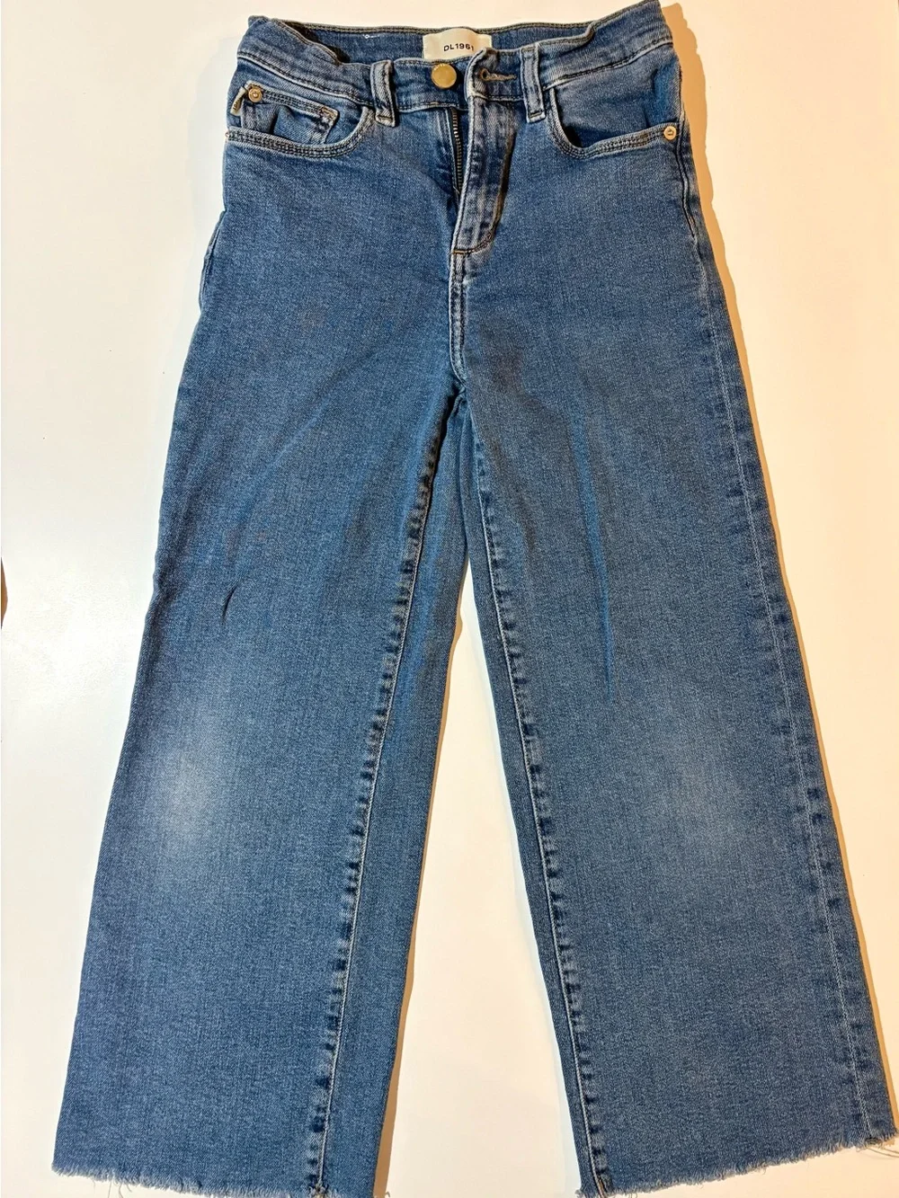 Girls DL1961 Medium Blue High-Rise Wide-Leg Jeans with Raw Hem